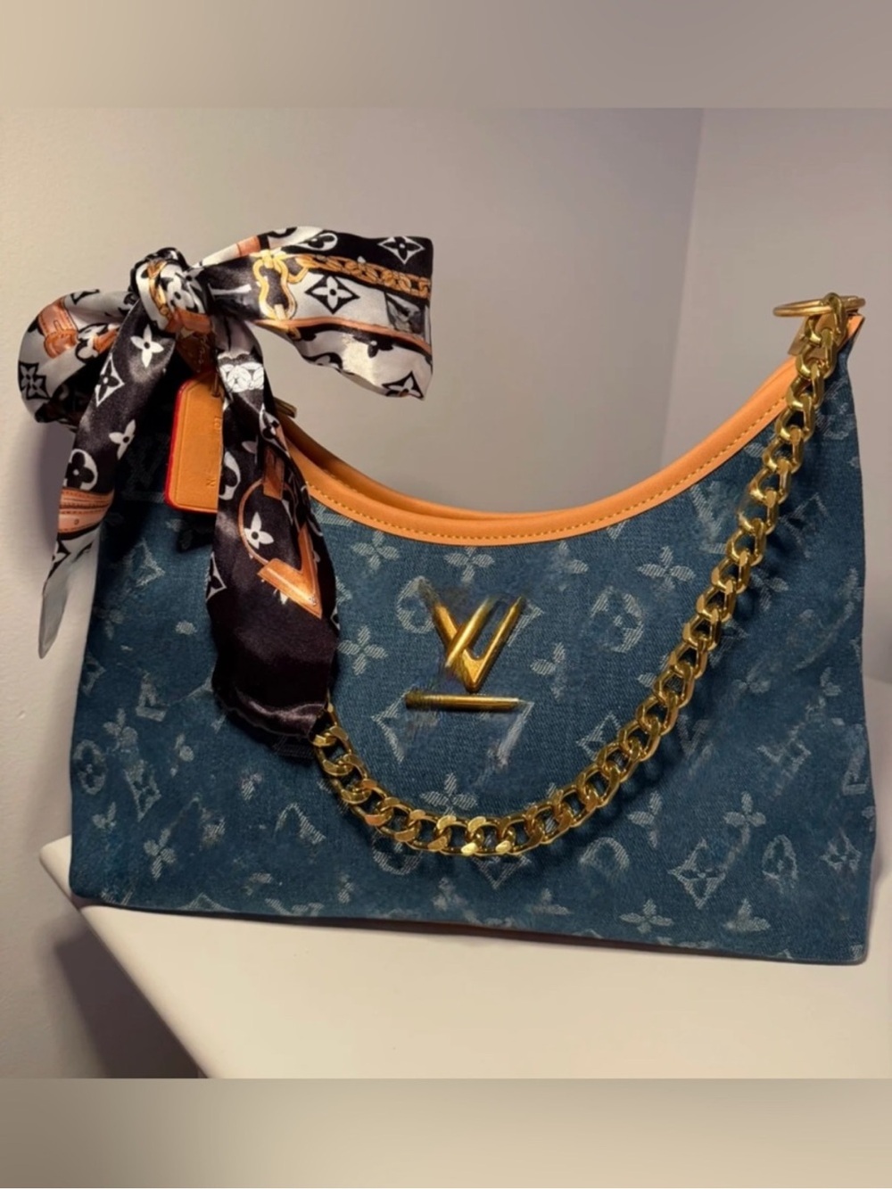 Blue Denim Chain Shoulder Bag with Scarf Accent